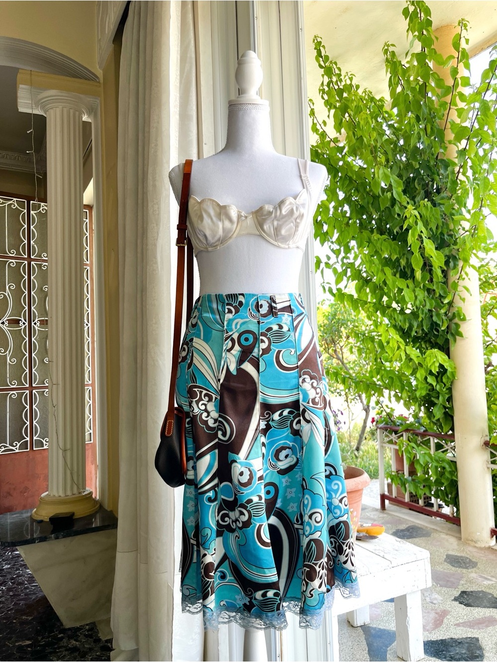 American Vintage Turquoise & Brown Swirl Midi Skirt